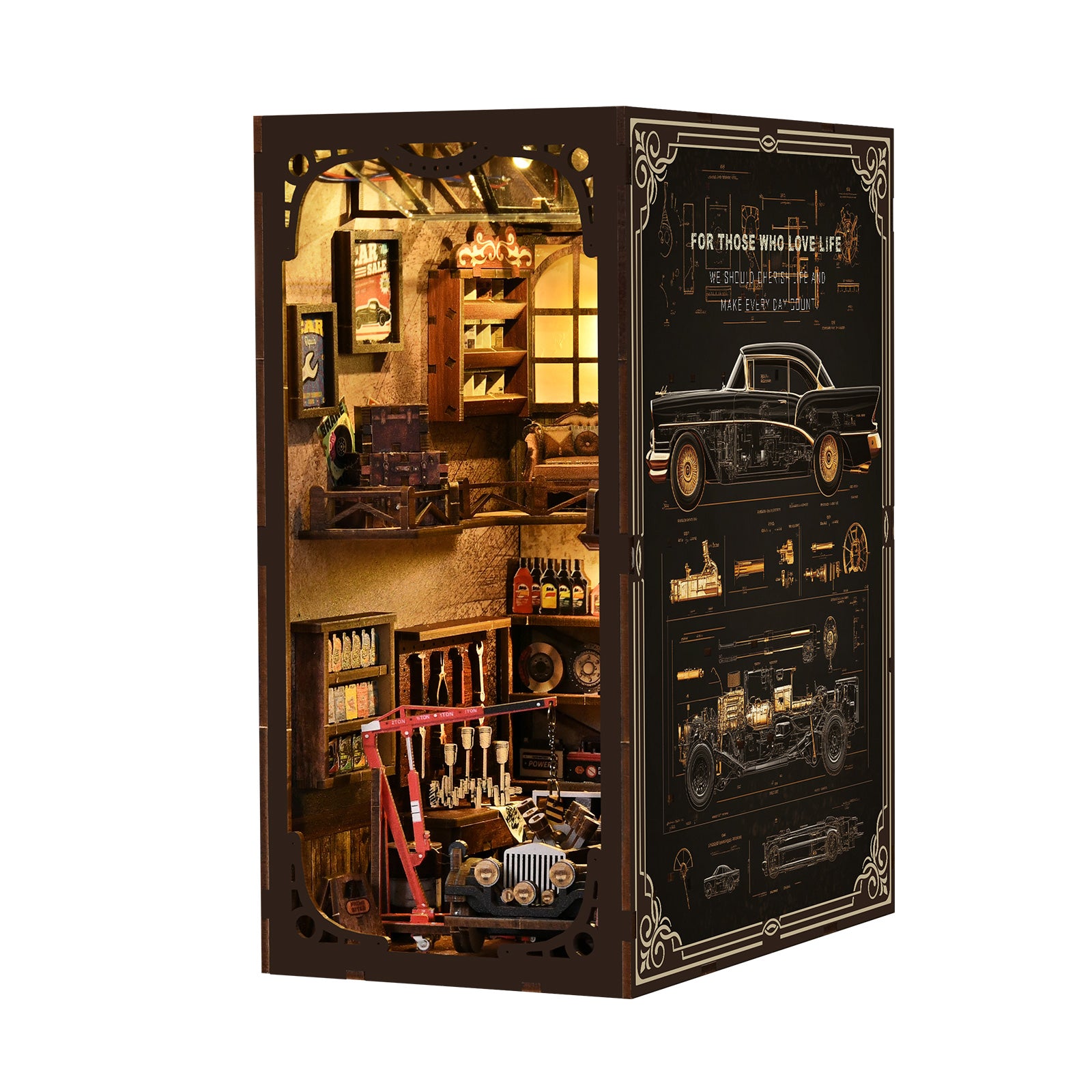 Miniature workshop diorama kit with dark hinged case, open view with shelves and tools