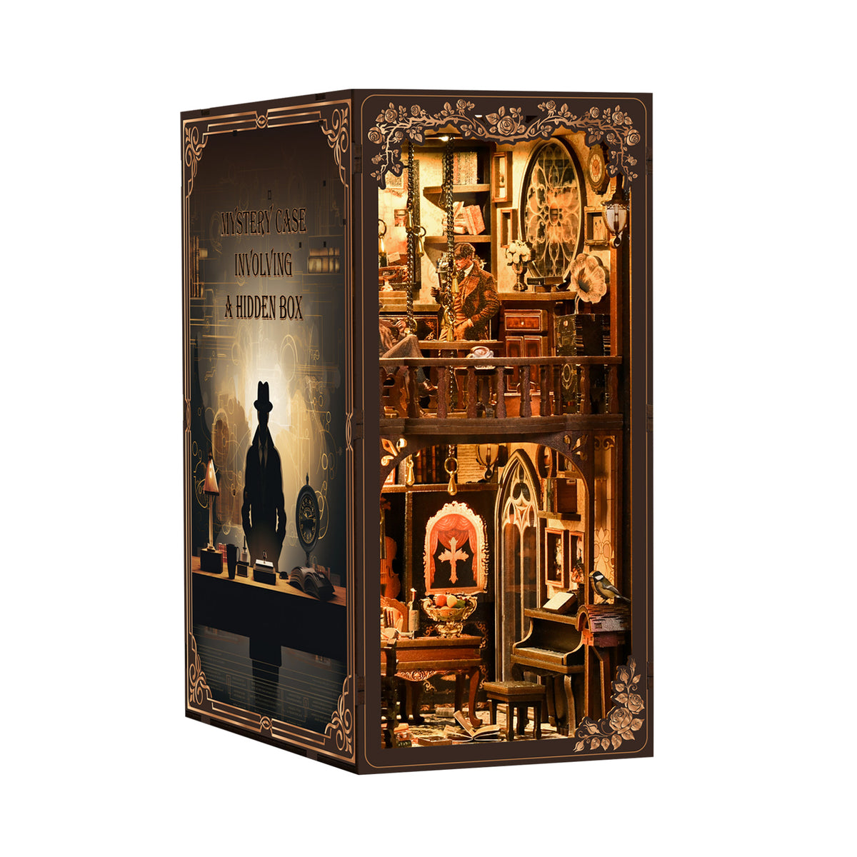 DIY book nook display case with dark hinged cover, glowing miniature multi-level room