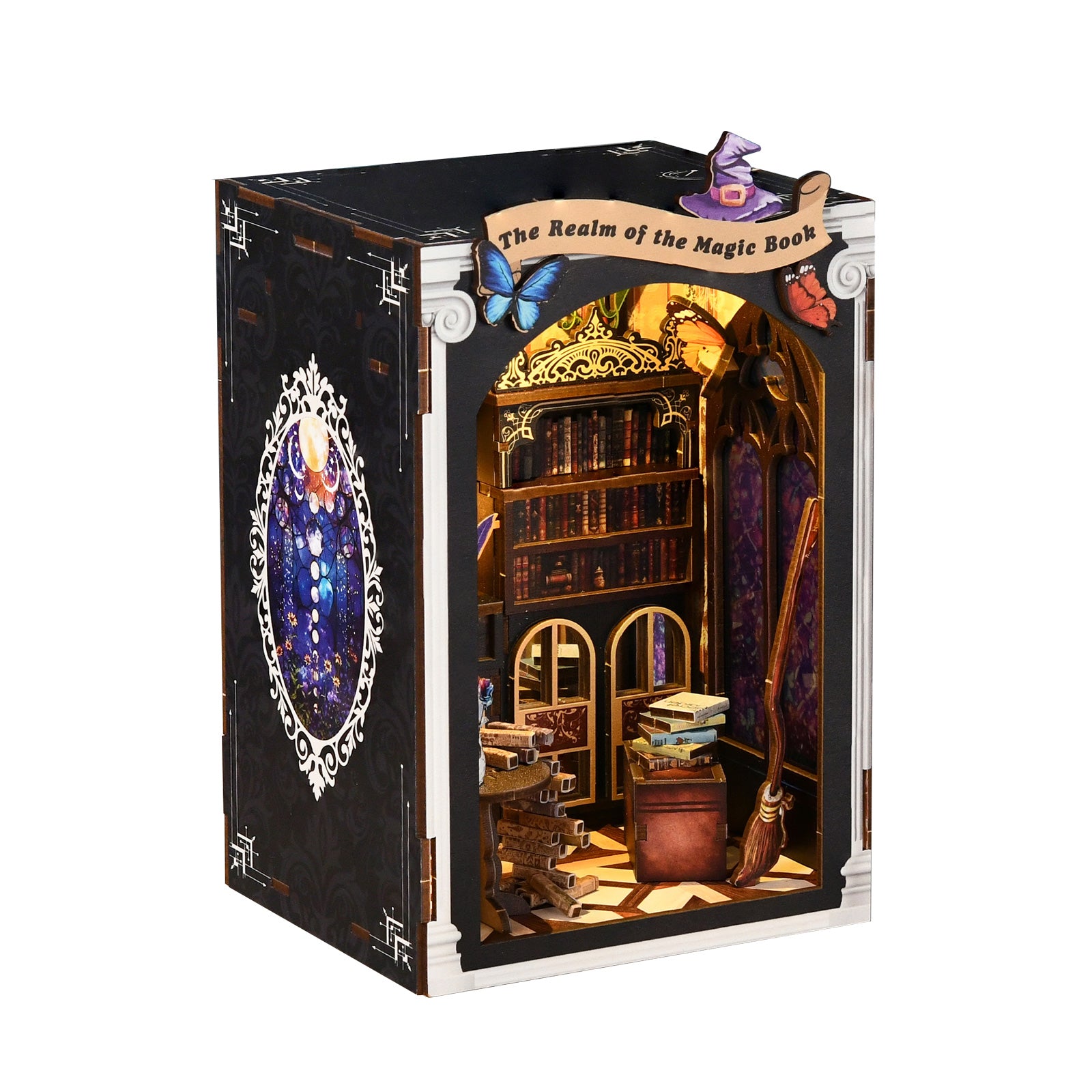 DIY miniature book nook kit box with dark side panel and arched window detail