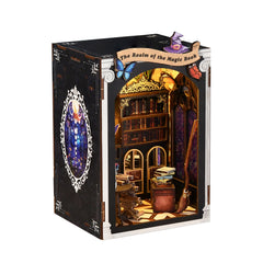 DIY miniature book nook kit box with dark side panel and arched window detail