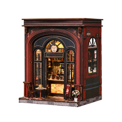 DIY book nook coffee shop miniature in red and dark wood with arched front