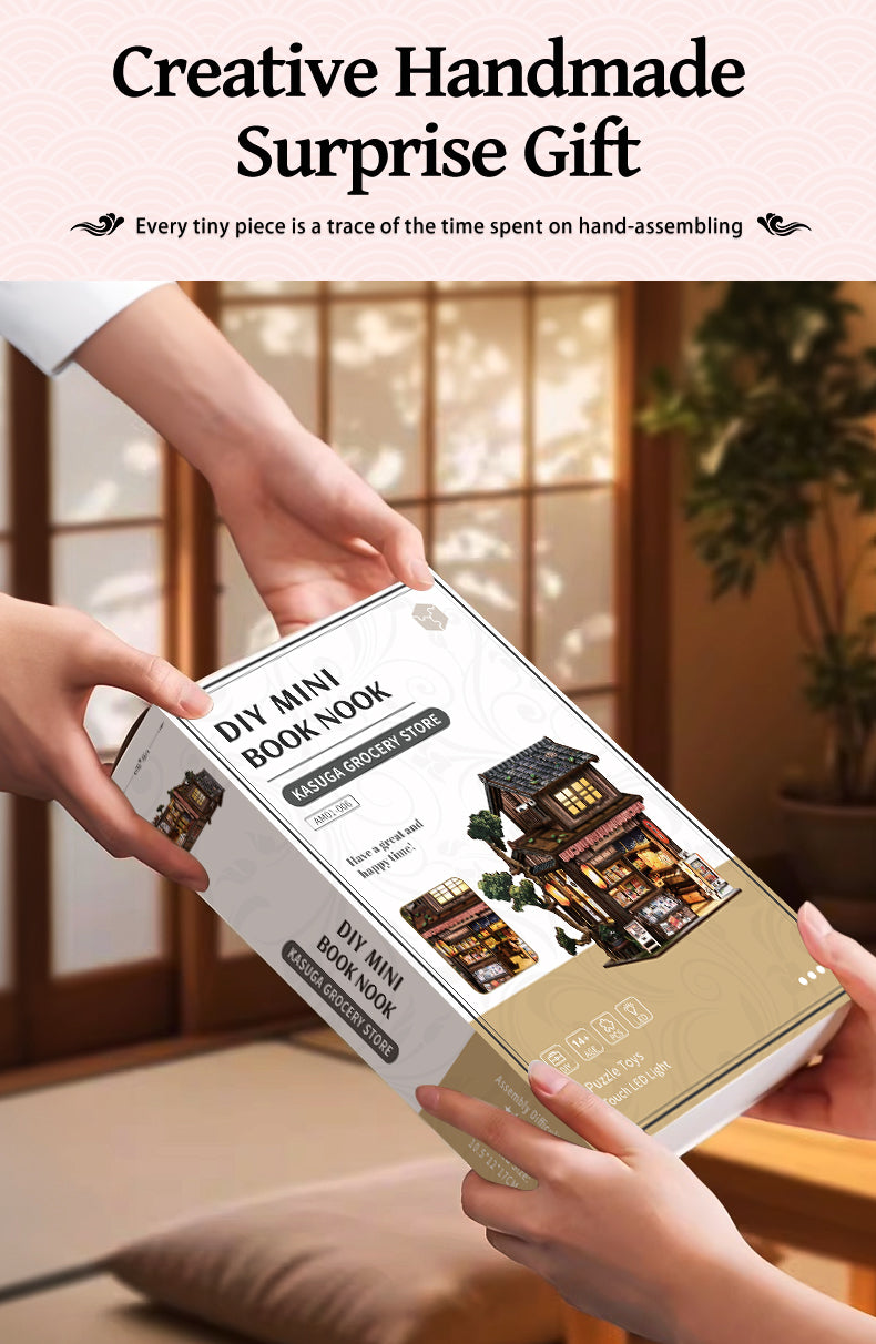 Hands holding DIY mini book nook kit box for miniature grocery store