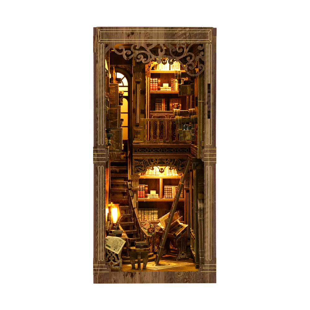 Antique book collection room kit diorama, tall ornate interior with warm lit shelves