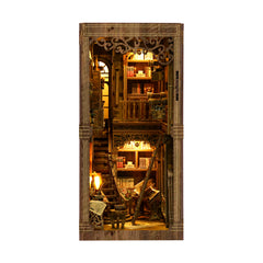 Antique book collection room kit diorama, tall ornate interior with warm lit shelves