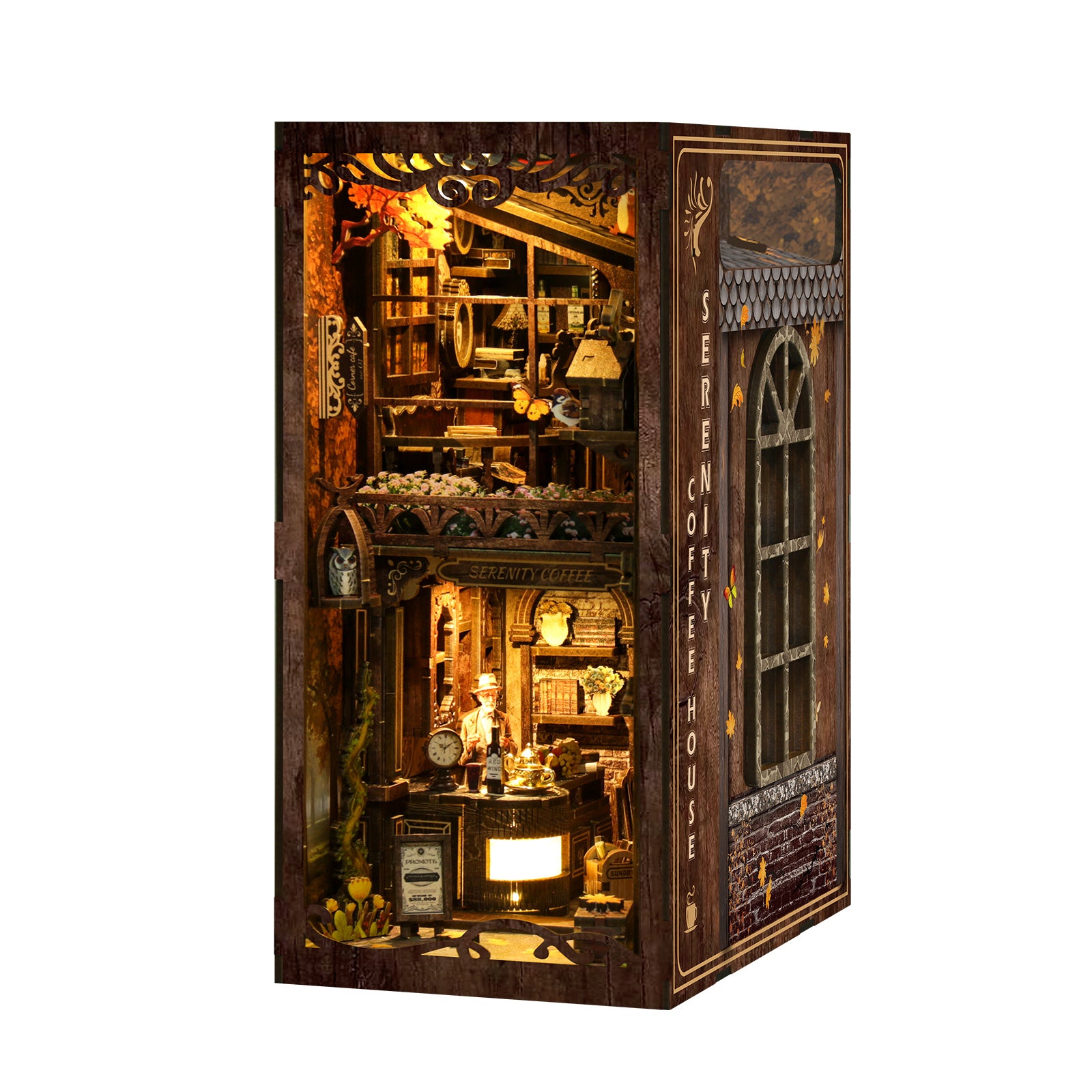 DIY book nook kit showing a miniature dark wood coffee house interior with lit shelves