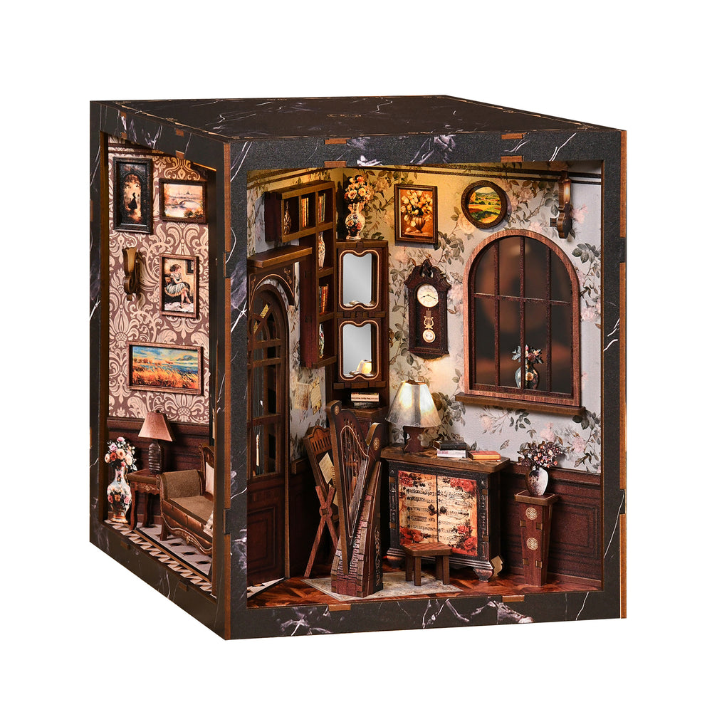 Miniature musical instrument display box with door, lamp, and cabinet, 3/4 front view