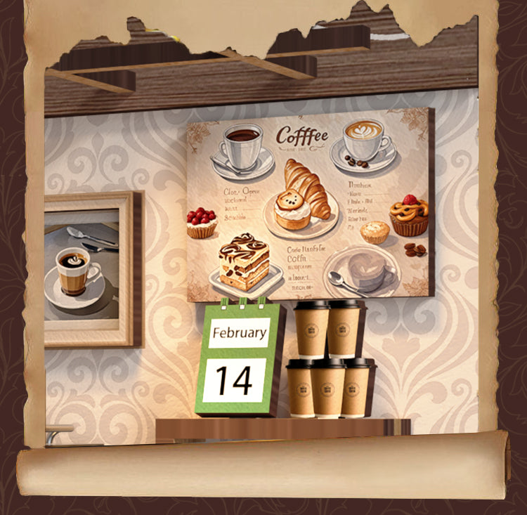 Cafe BookNook DIY miniature coffee shop kit: wall menu board, cups, and labeled storage canisters.