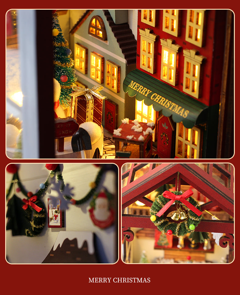 Miniature lit Christmas house shelf with warm windows, tiny trees, and decorative ornaments