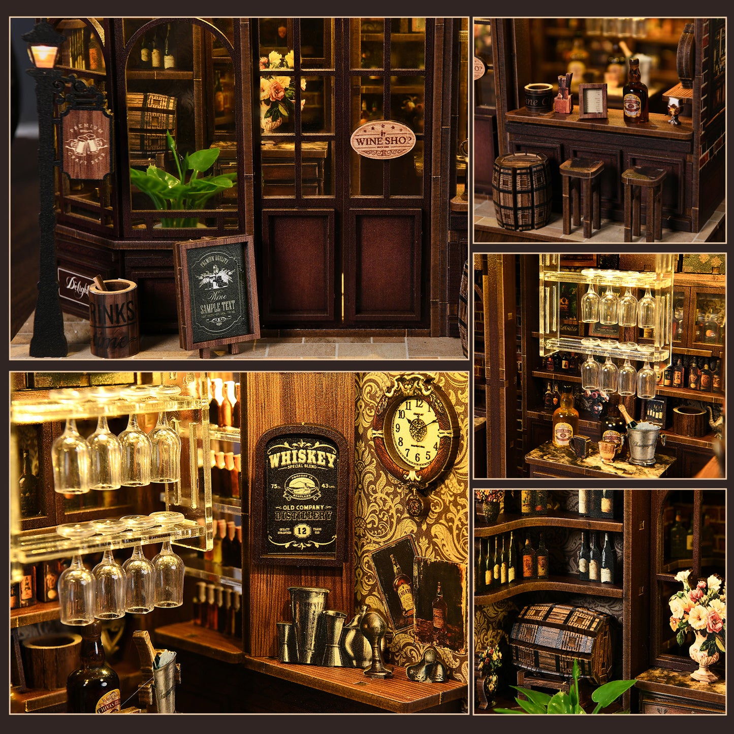 The image is a collage of various scenes from a bar or liquor store, showcasing shelves filled with bottles, wine glasses, and other items, as well as decorative elements like a clock and a sign.