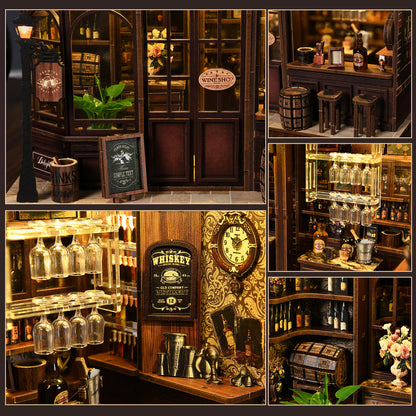 The image is a collage of various scenes from a bar or liquor store, showcasing shelves filled with bottles, wine glasses, and other items, as well as decorative elements like a clock and a sign.