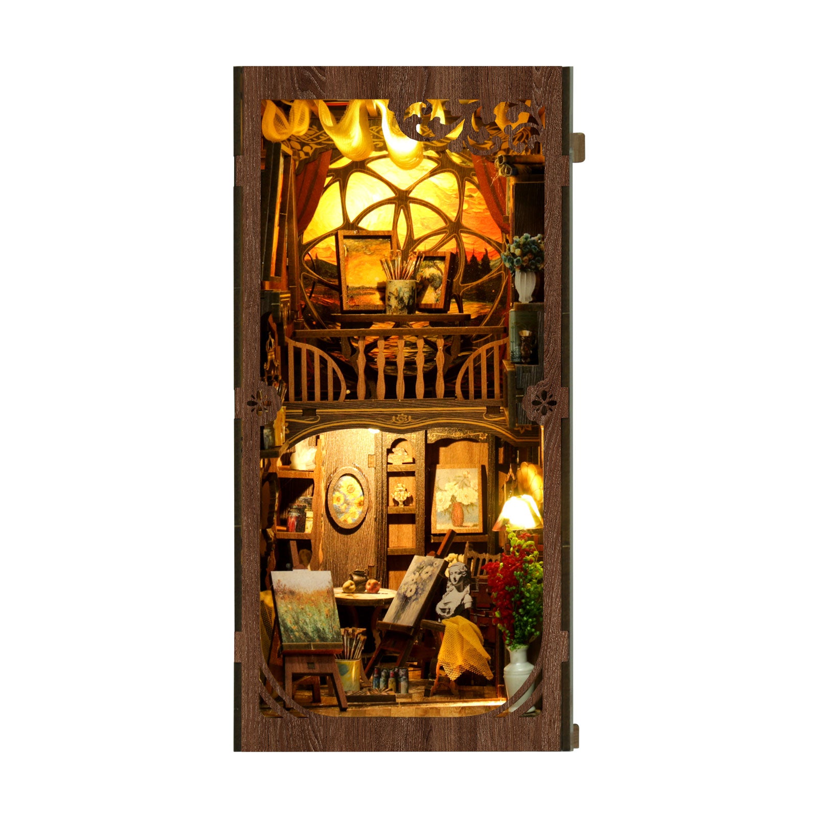 Book nook kit front view with two-story miniature room lit by warm lamps
