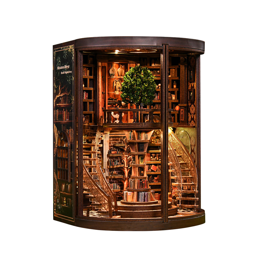 Miniature wooden book repository display with detailed interior books and arched arches