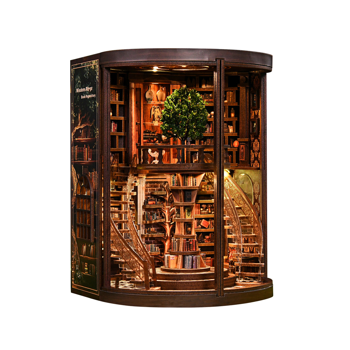 Miniature wooden book repository display with detailed interior books and arched arches