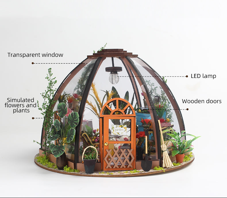 Mini greenhouse miniature house kit with transparent panels, wooden doors, and LED lamp.