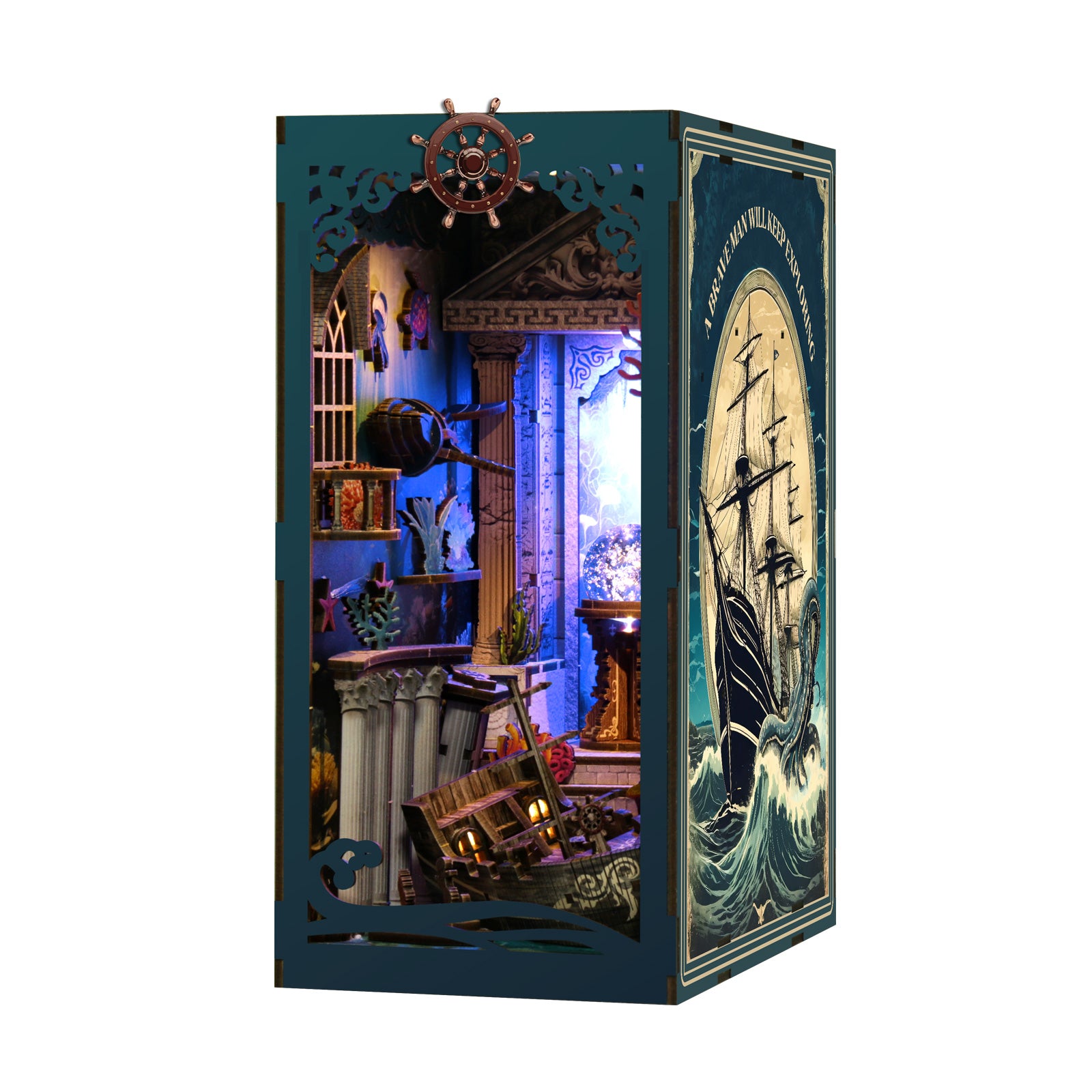 DIY ocean book nook kit box showing glowing miniature underwater interior through window