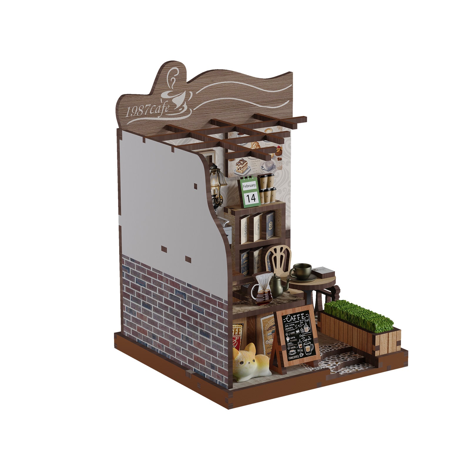 Miniature rural coffee shop model with brick facade, open doorway, shelves, and equipment