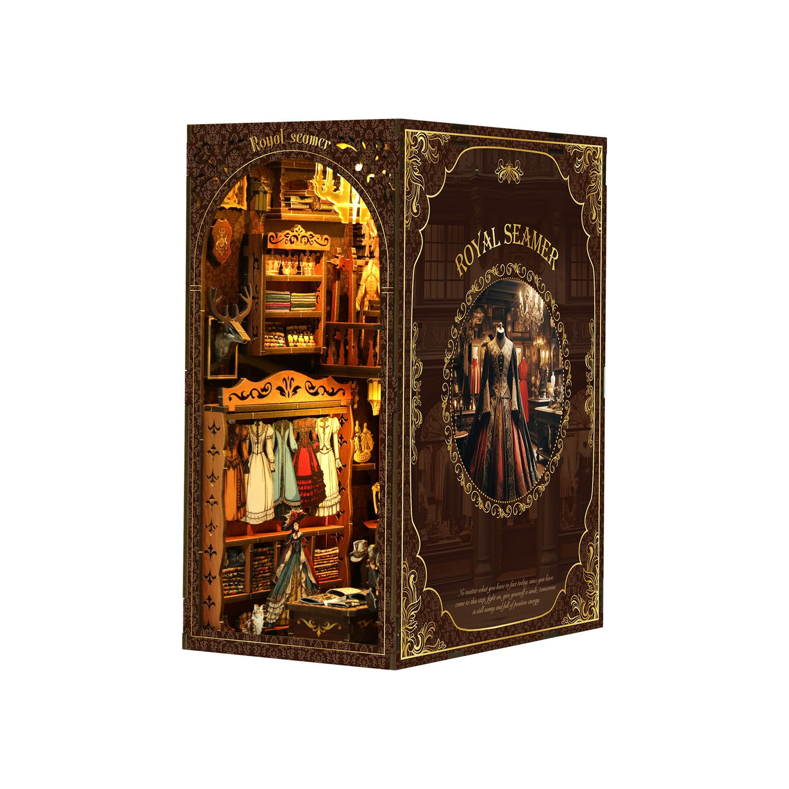 DIY book nook kit featuring a lit miniature room scene with decorative doorway