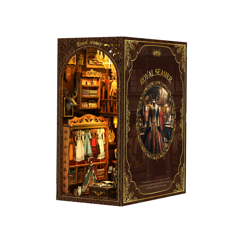 DIY book nook kit featuring a lit miniature room scene with decorative doorway