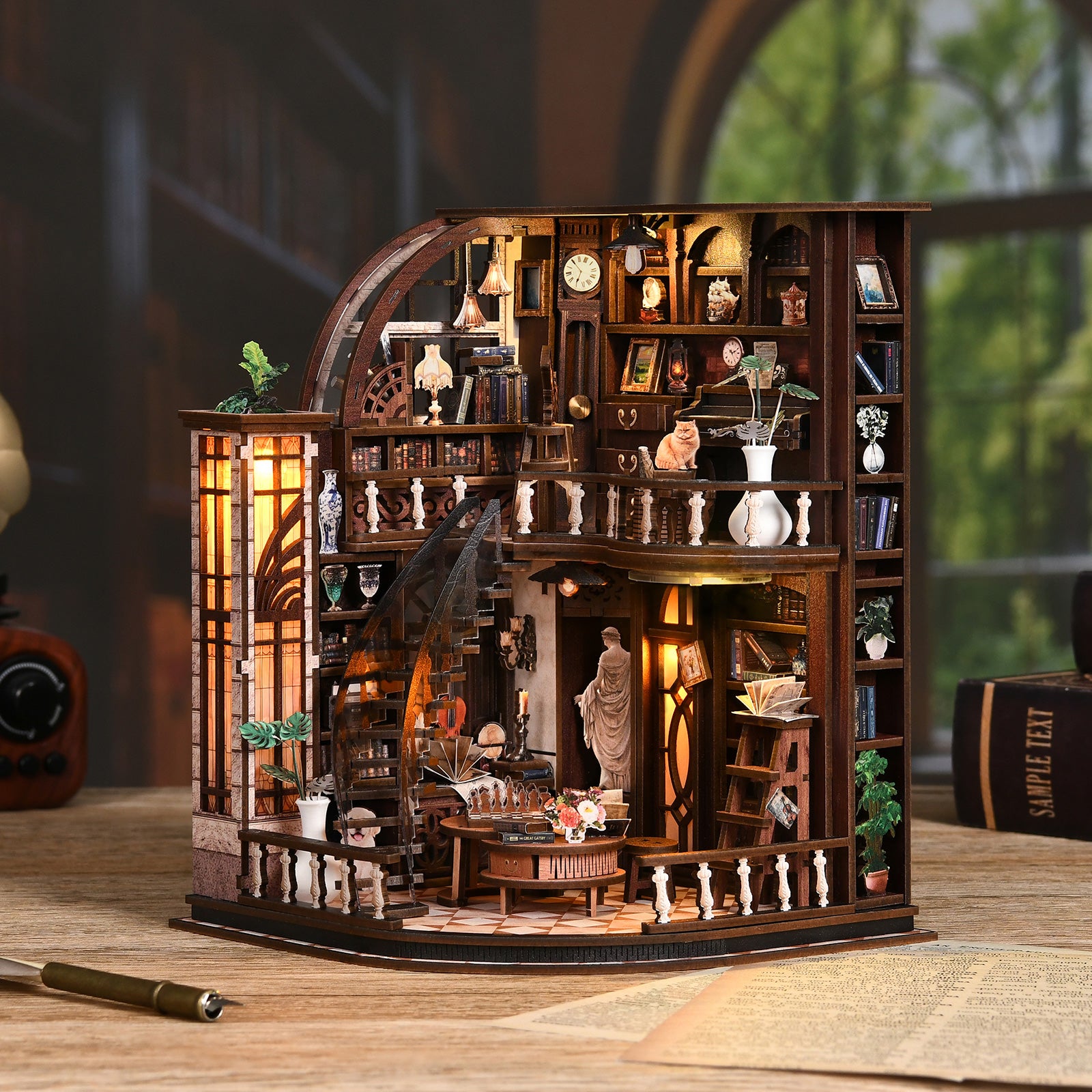 Miniature wooden bookstore dollhouse with warm glowing lights, shelves, and arched entry
