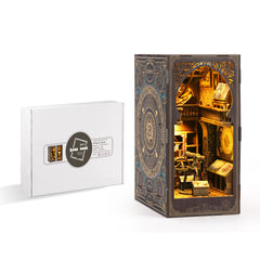 Astronomy DIY book nook kit, packaged box with matching open illuminated display