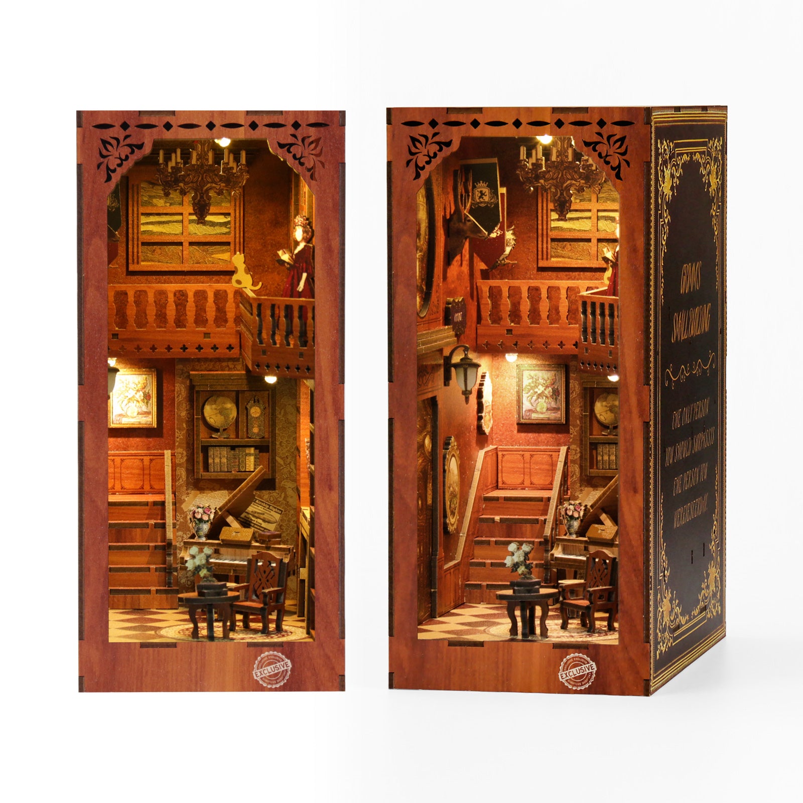The image is a miniature diorama depicting a cozy, ornate interior with wooden furniture, chandeliers, and decorative elements.