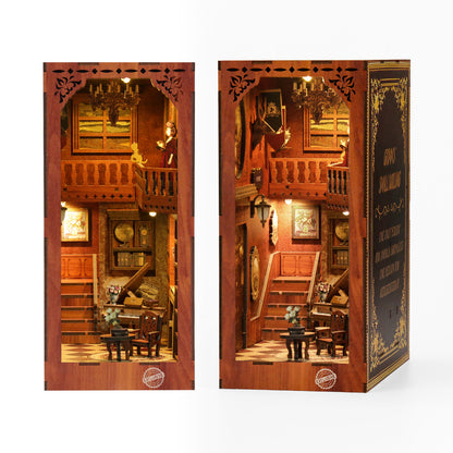The image is a miniature diorama depicting a cozy, ornate interior with wooden furniture, chandeliers, and decorative elements.