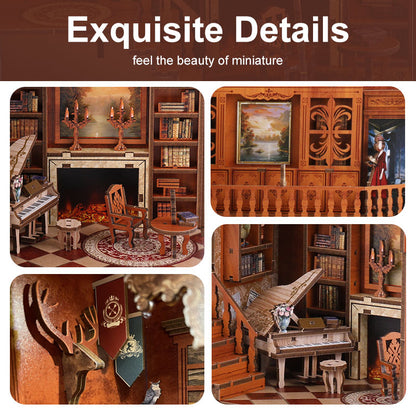 The image is a collage of four photos depicting a luxurious and ornate interior with various decorative elements, including a fireplace, bookshelves, a piano, and a painting.