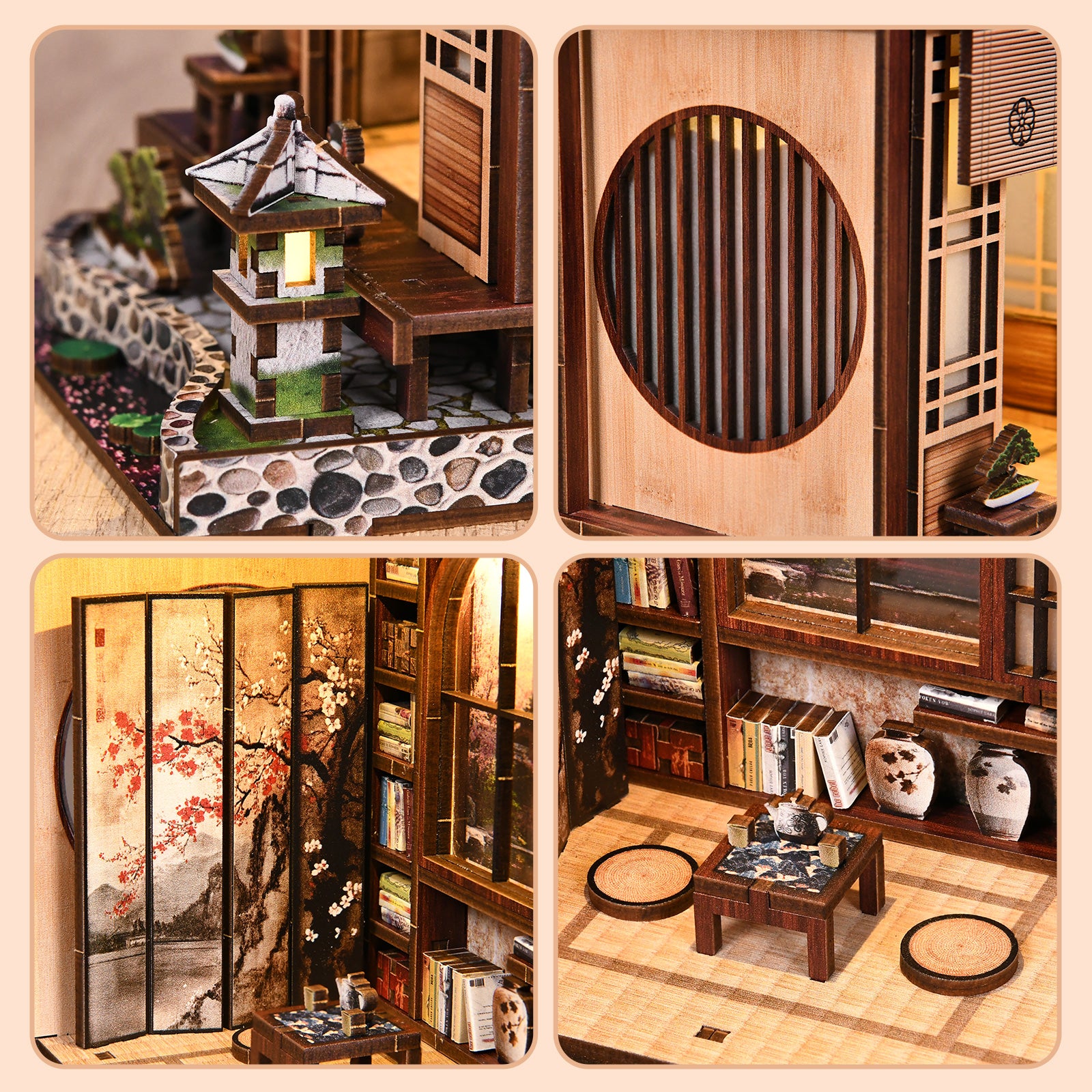 The image is a collage of four photos depicting various scenes, including a miniature model of a traditional Japanese house, a close-up of a wooden structure, a room with a wooden table and chairs, and a room with a wooden table and shelves.