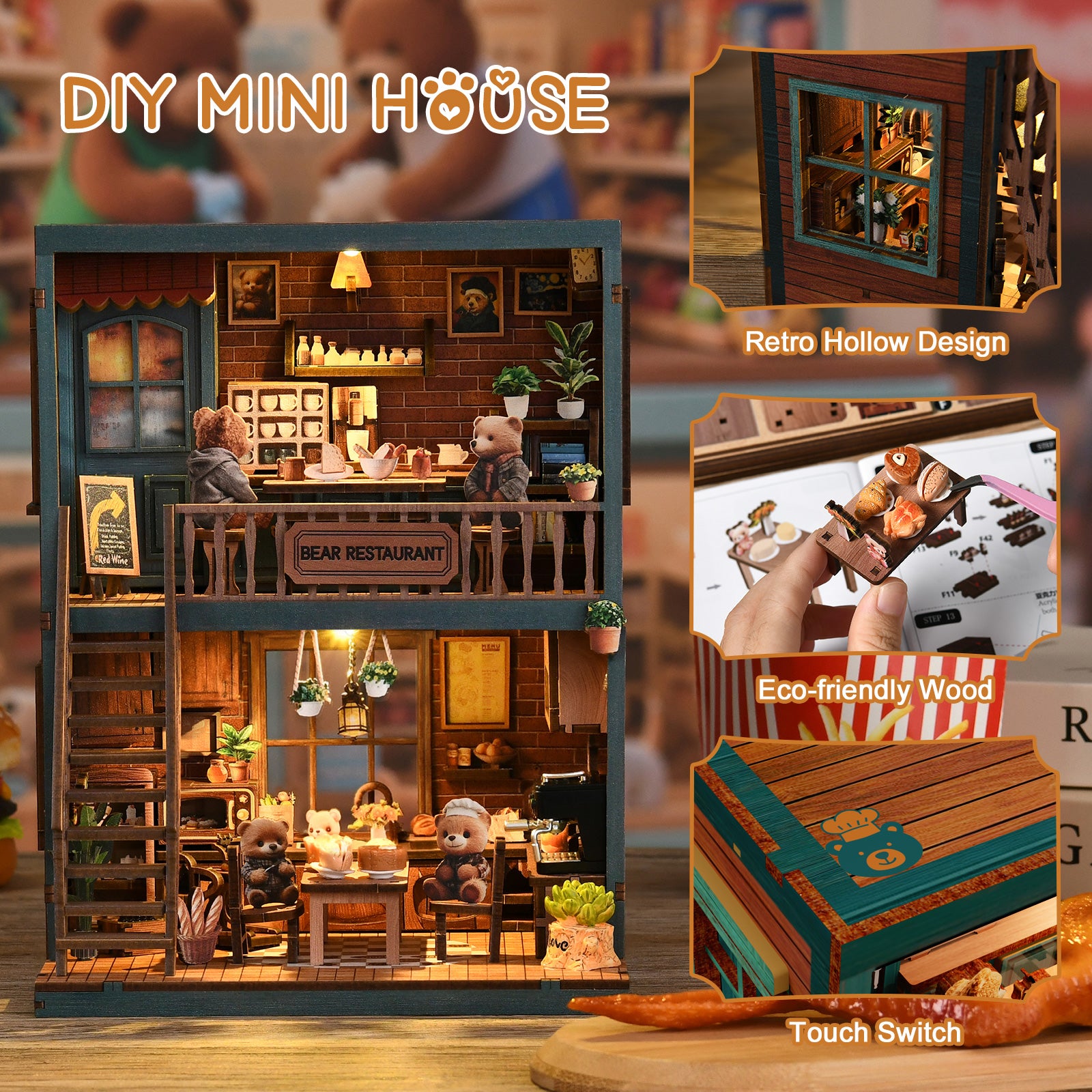The image is a collage of three photos depicting a DIY mini house with a retro-style design, featuring a bear-themed interior with various elements such as a dining table, chairs, and decorative items.