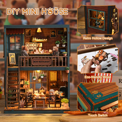 The image is a collage of three photos depicting a DIY mini house with a retro-style design, featuring a bear-themed interior with various elements such as a dining table, chairs, and decorative items.