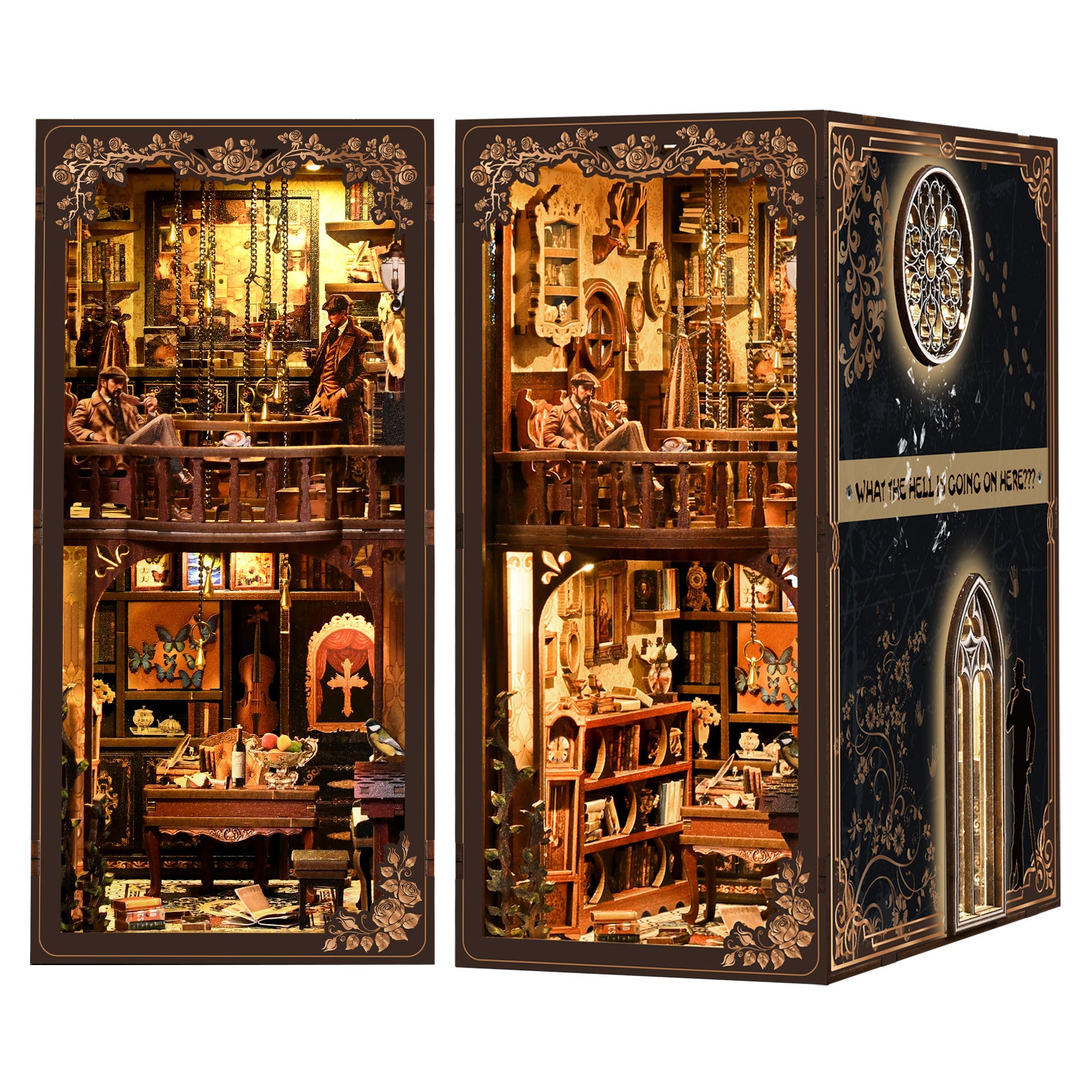 The image is a collage of two pictures depicting a detailed and ornate interior space, possibly a shop or a museum. The interior features various objects, such as shelves, tables, and decorative elements, creating a visually rich and intricate scene.