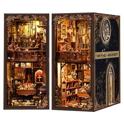 The image is a collage of two pictures depicting a detailed and ornate interior space, possibly a shop or a museum. The interior features various objects, such as shelves, tables, and decorative elements, creating a visually rich and intricate scene.