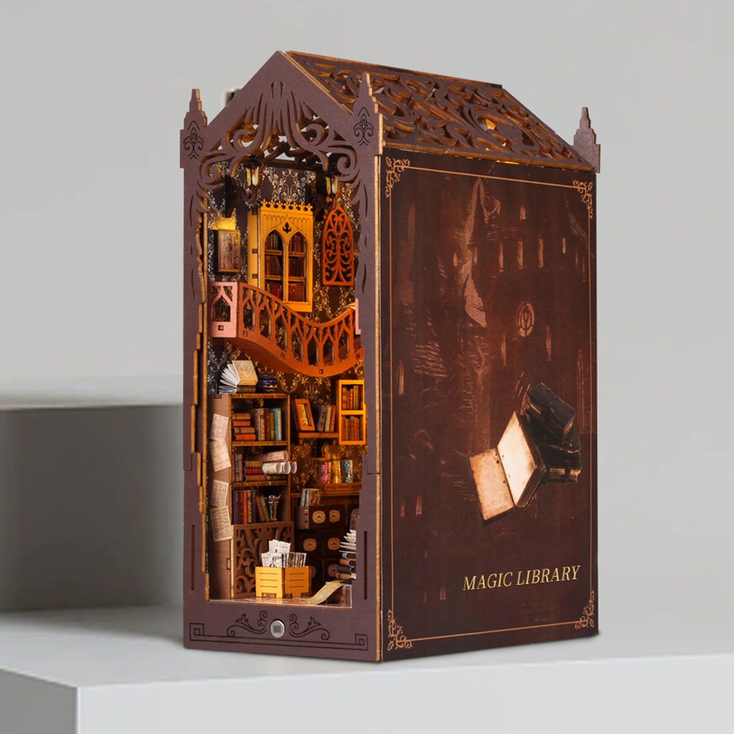 DIY Miniature Book Nook Kit - Magic Library (Wooden Sensor Light Diorama Bookshelf Insert, Craft Gift)