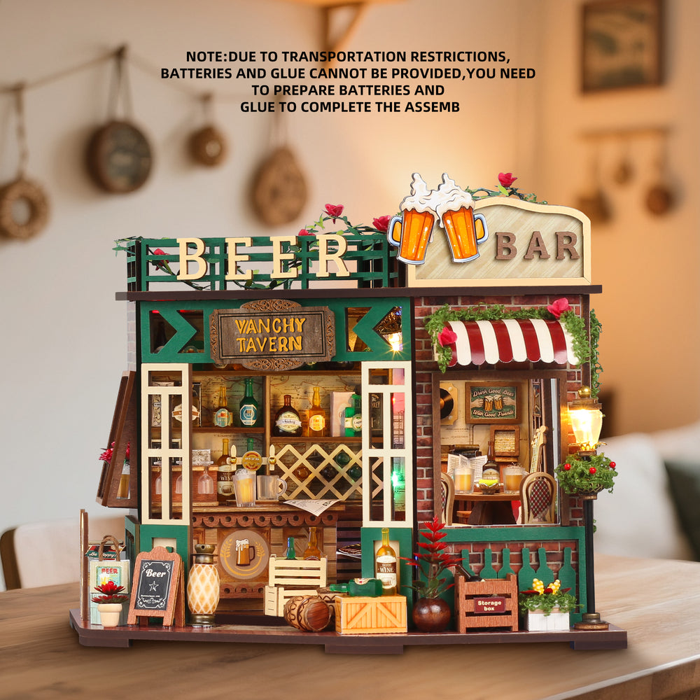 Miniature beer bar dollhouse with striped awning, interior shelves, and warm hanging lamp lights