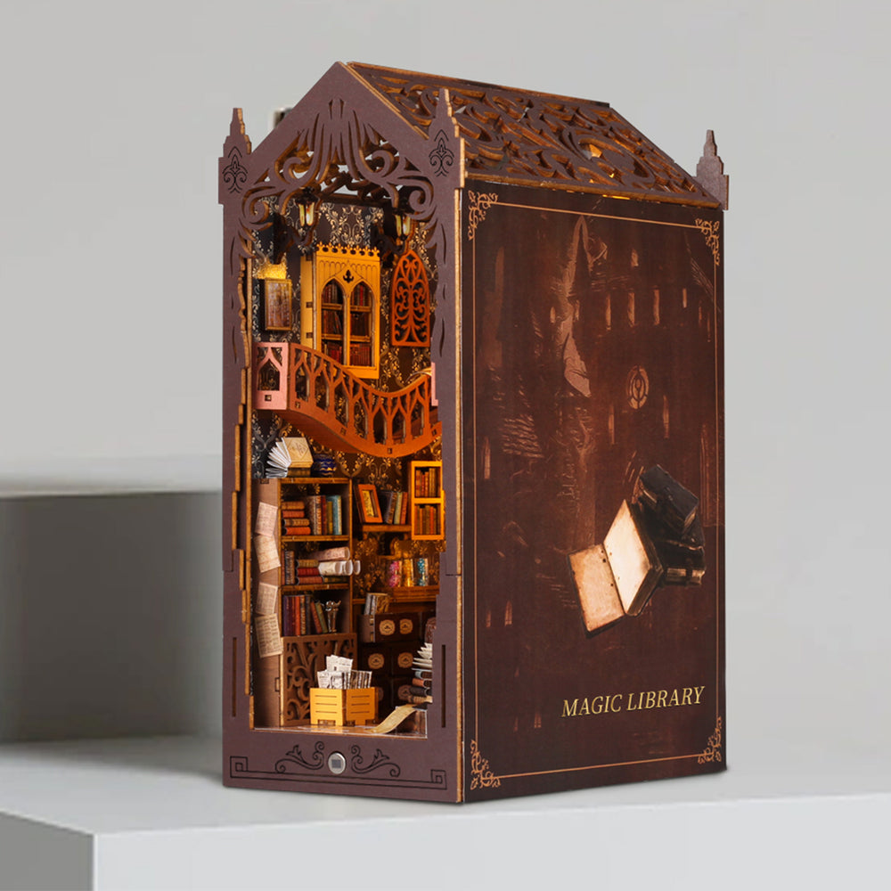 Magic Library miniature book nook kit box with ornate wooden bookshelf diorama artwork