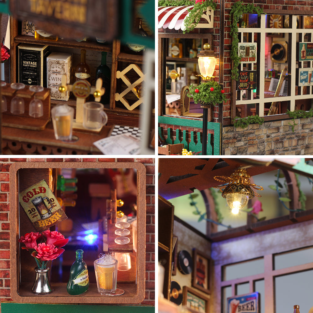 Miniature tavern bar interior scenes with bottles, checkered counter, and window displays