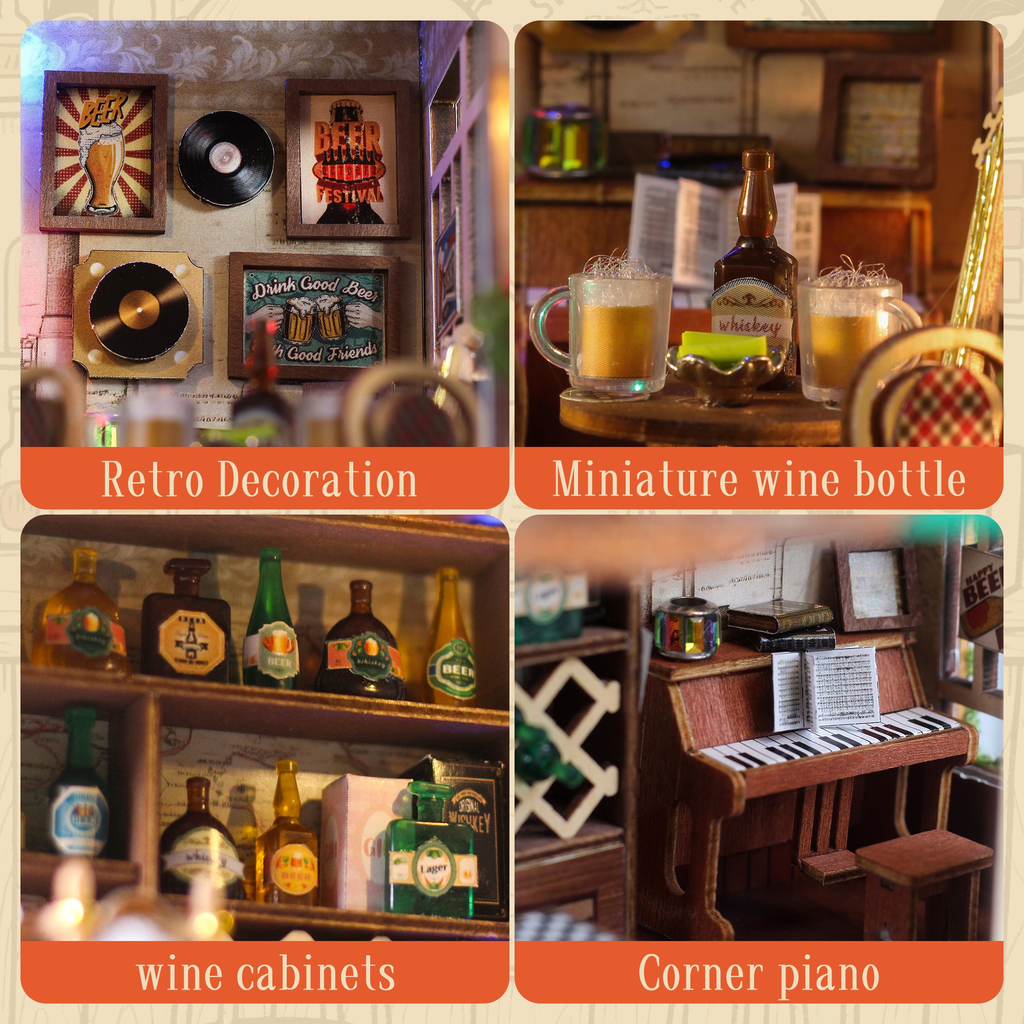 Miniature tavern decor set with wine bottle display, cabinets, and corner piano furniture