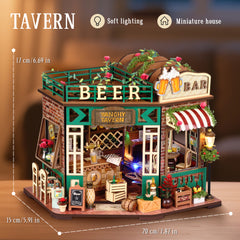 Miniature beer bar house kit front view with marquee beer bar sign and striped awning
