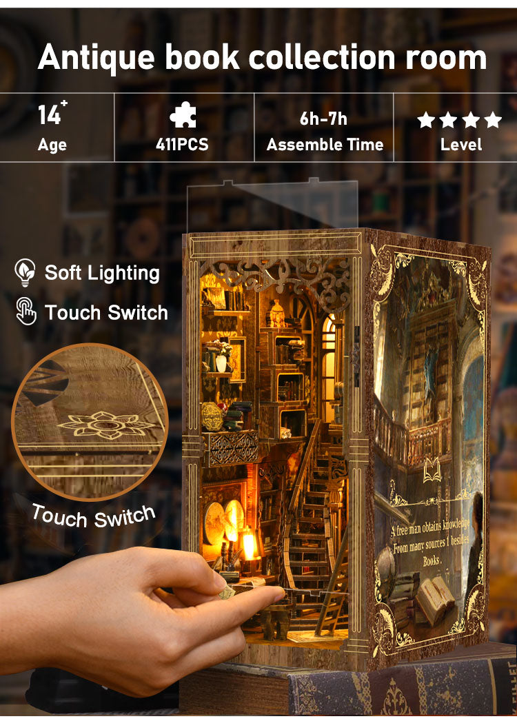 a hand holding a miniature wooden dollhouse with a detailed interior, showcasing a collection of books and other decorative elements.