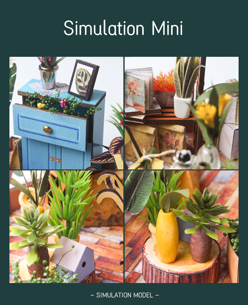 Simulation model interior scenes with mini furniture, plants, and decorative accessories.