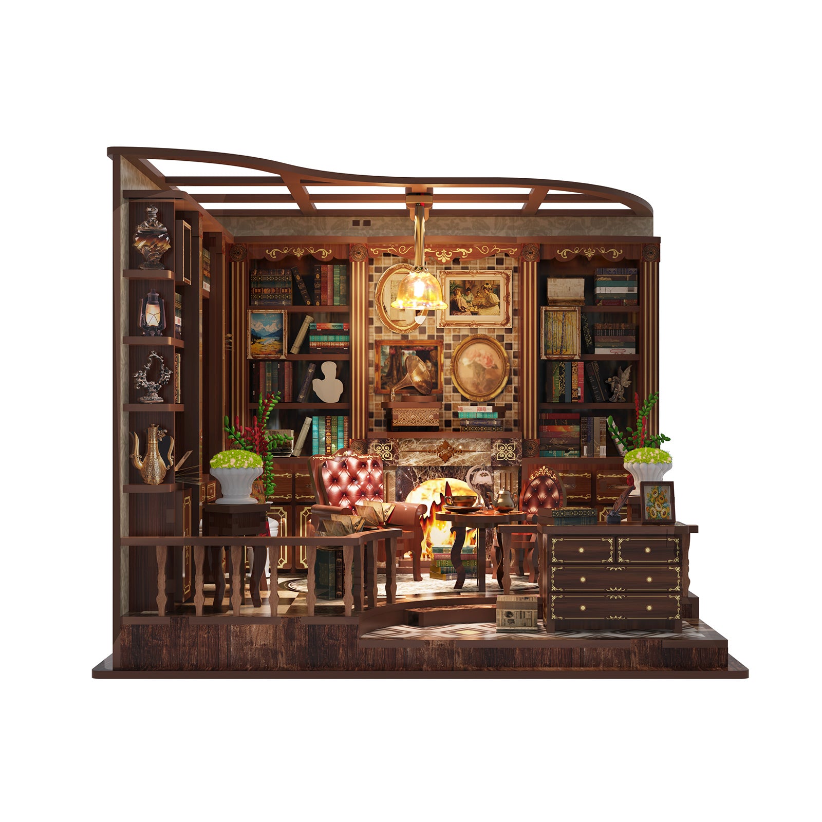 DIY mini house kit front view of furnished wooden study room with fireplace, cabinets, and lamp