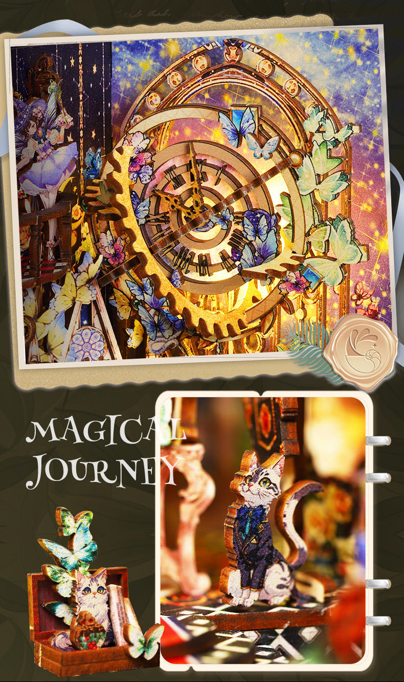 Mini book nook scene insert with glowing clock arch, butterflies, and miniature characters