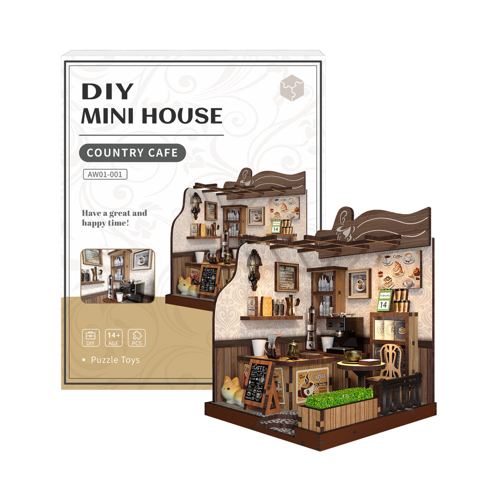Cafe BookNook DIY miniature coffee shop kit box with assembled shop preview.