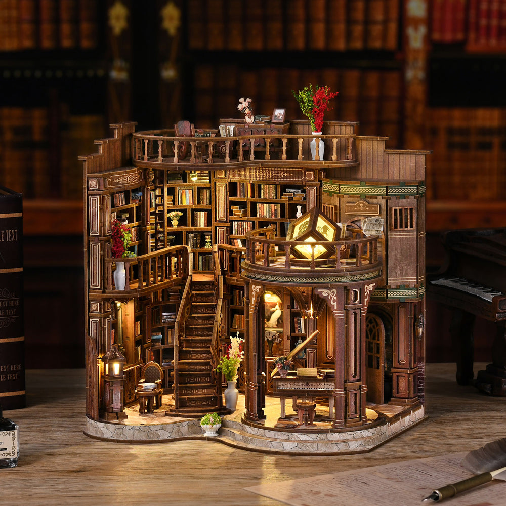 Miniature library hall dollhouse with glowing archway, spiral staircase, and book shelves