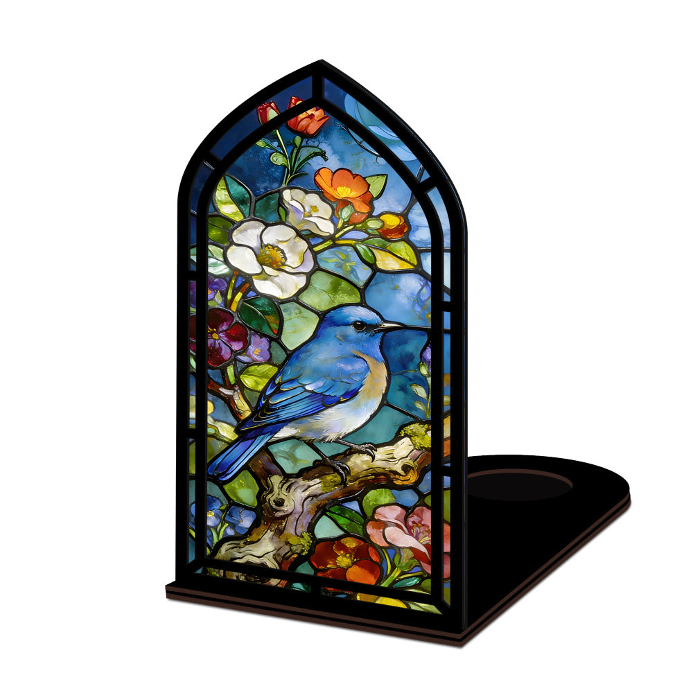 Arched bluebird stained-glass book nook with black frame and base tray on white