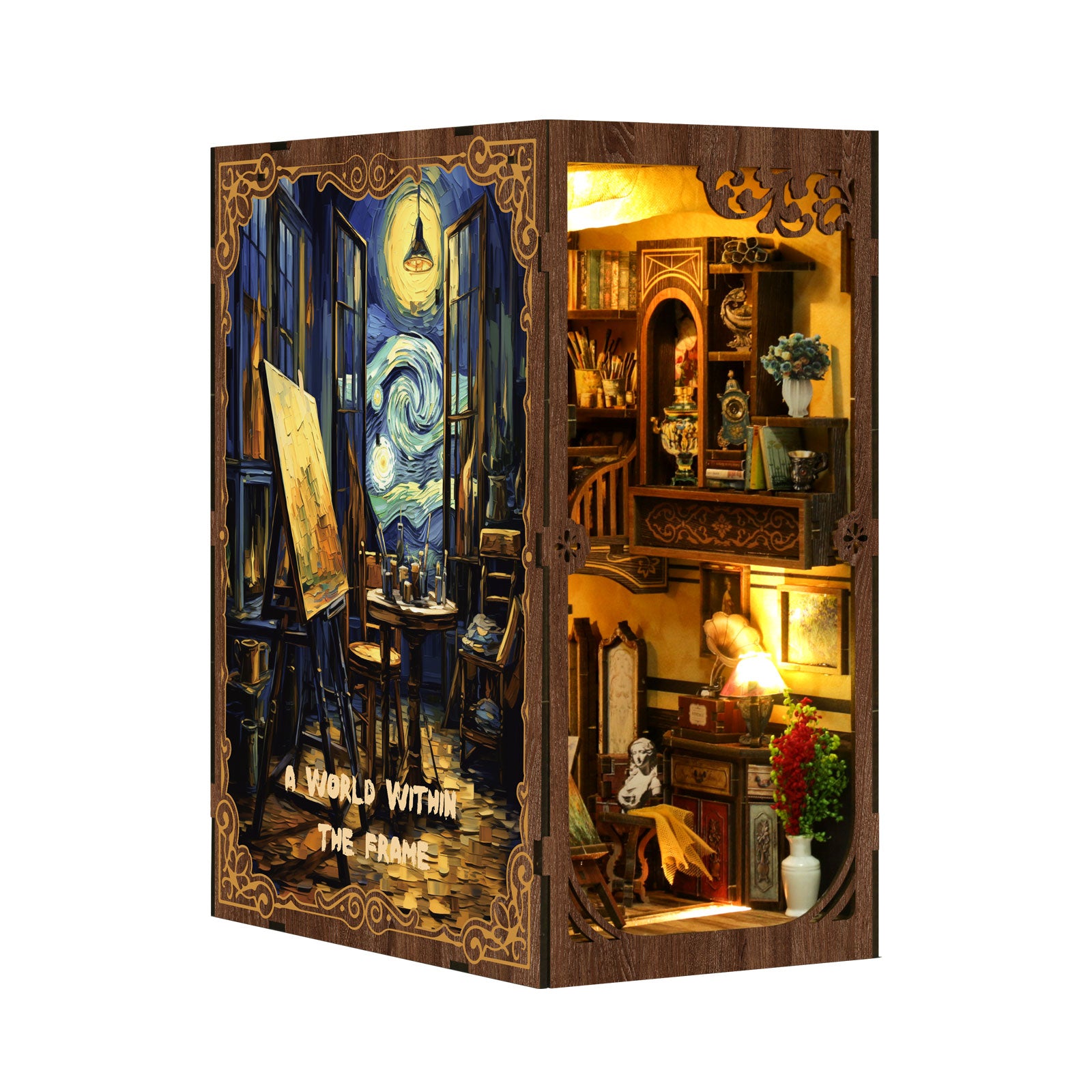 Book nook kit with open cabinet doors showing dining table scene and warm lamps