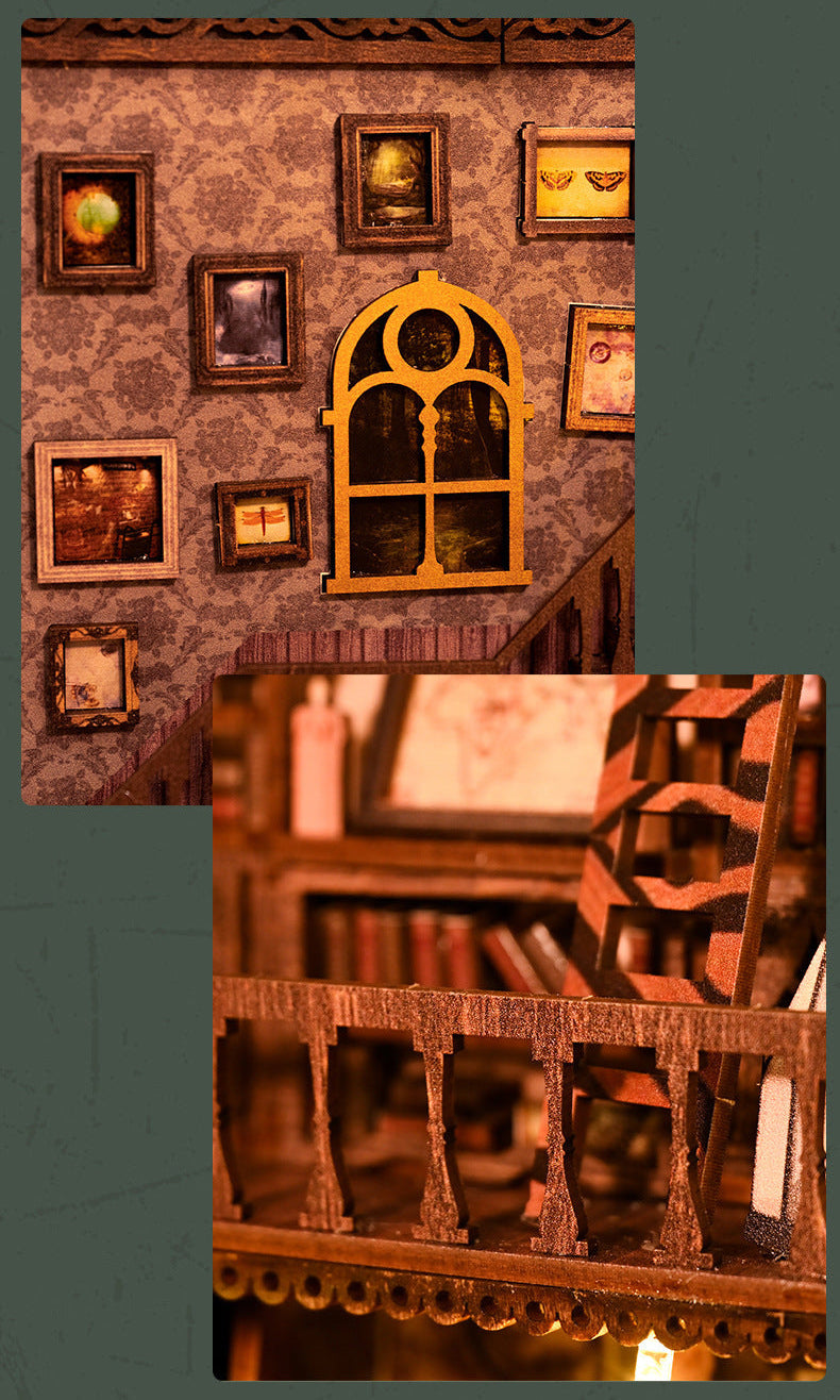 Miniature book nook room with framed wall art, arched window, and furniture
