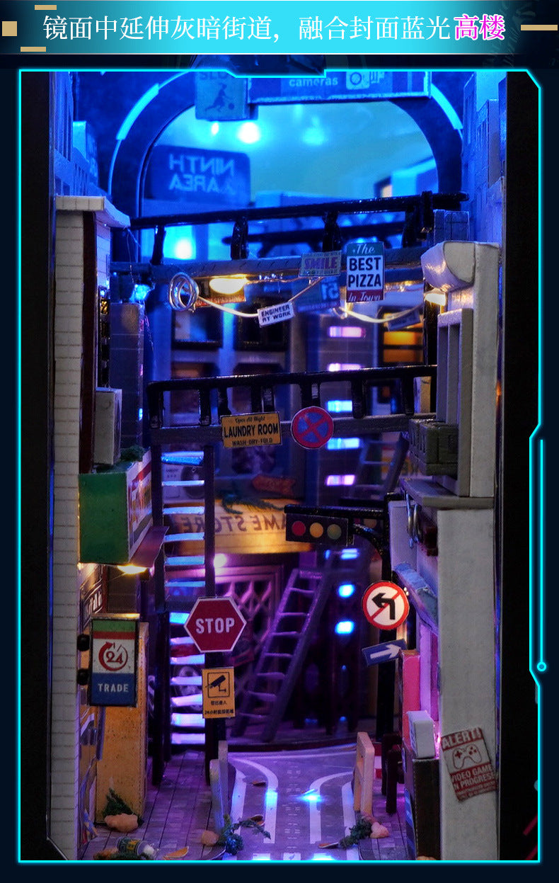 Cyberpunk city book nook kit interior scene with blue glow, signs, and tiny storefronts