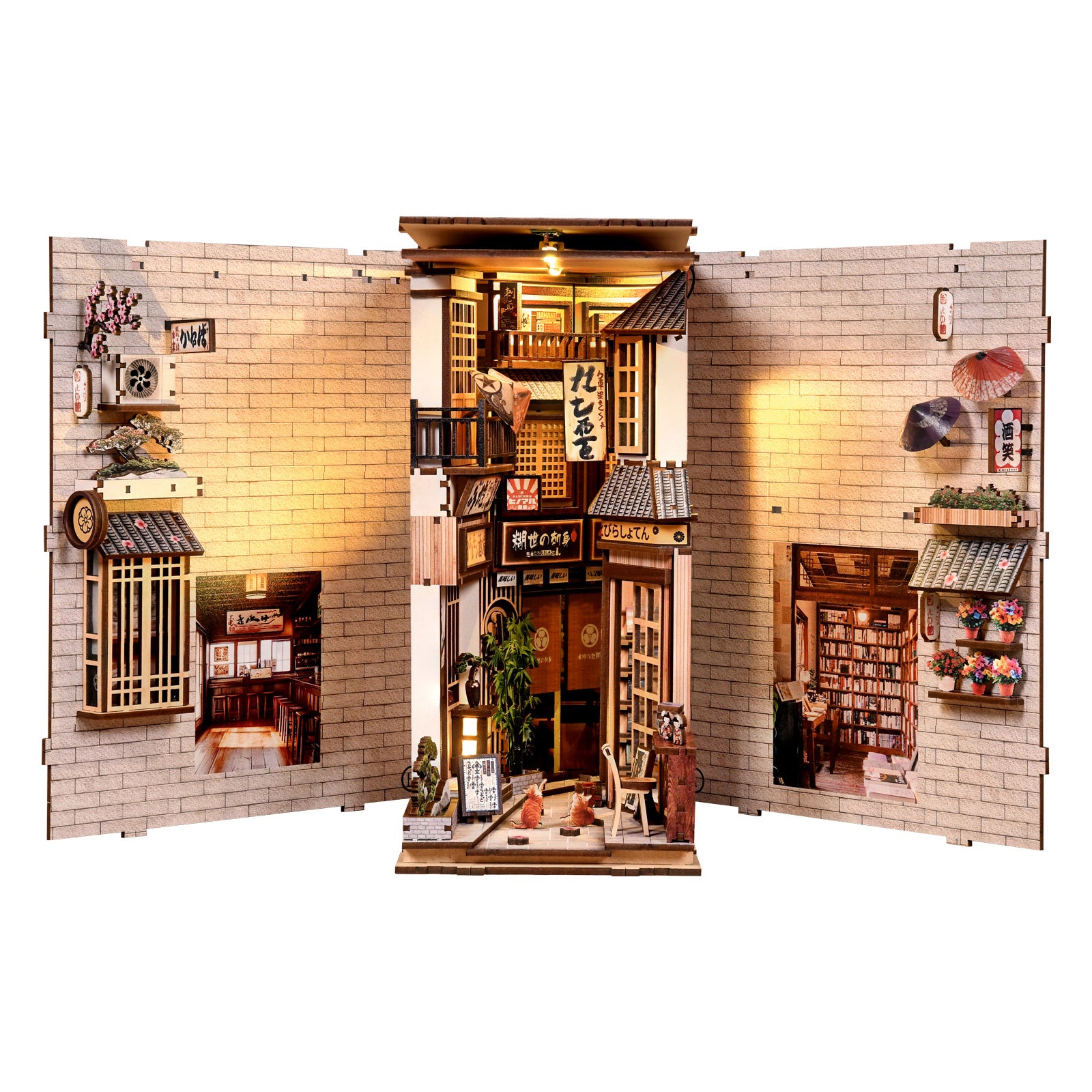DIY book nook kit: open miniature alley diorama with doorways, plants, and book display