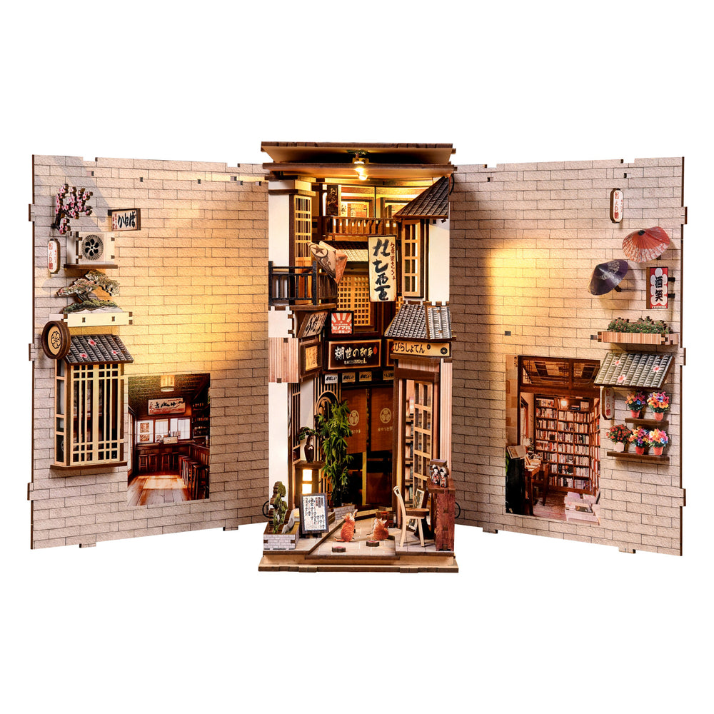 DIY book nook kit: open miniature alley diorama with doorways, plants, and book display